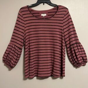 CUPIO women’s oversized striped top mauve with black stripes‎ 3/4 lantern sleeve